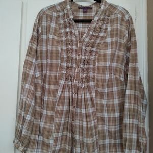 Gloria Vanderbilt long sleeve blouse, plaid tan multi color, ruffle details,2x